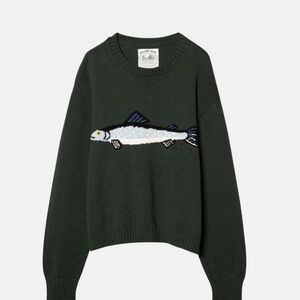 Dark Green Crewneck Sweater with Fish Motif
